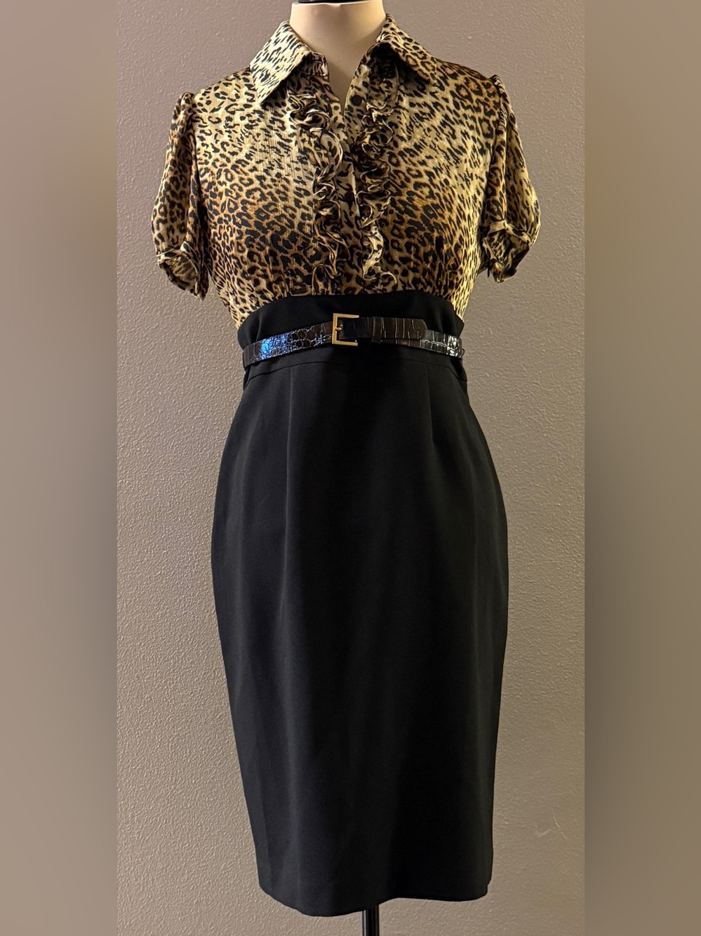 Jessica Howard Black Pencil Skirt Leopard Print Ruffle Top Belted Waist Size 10